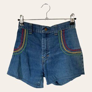 Kids 70s retro rainbow embroidered denim shorts by Sears, Roebuck & Co.